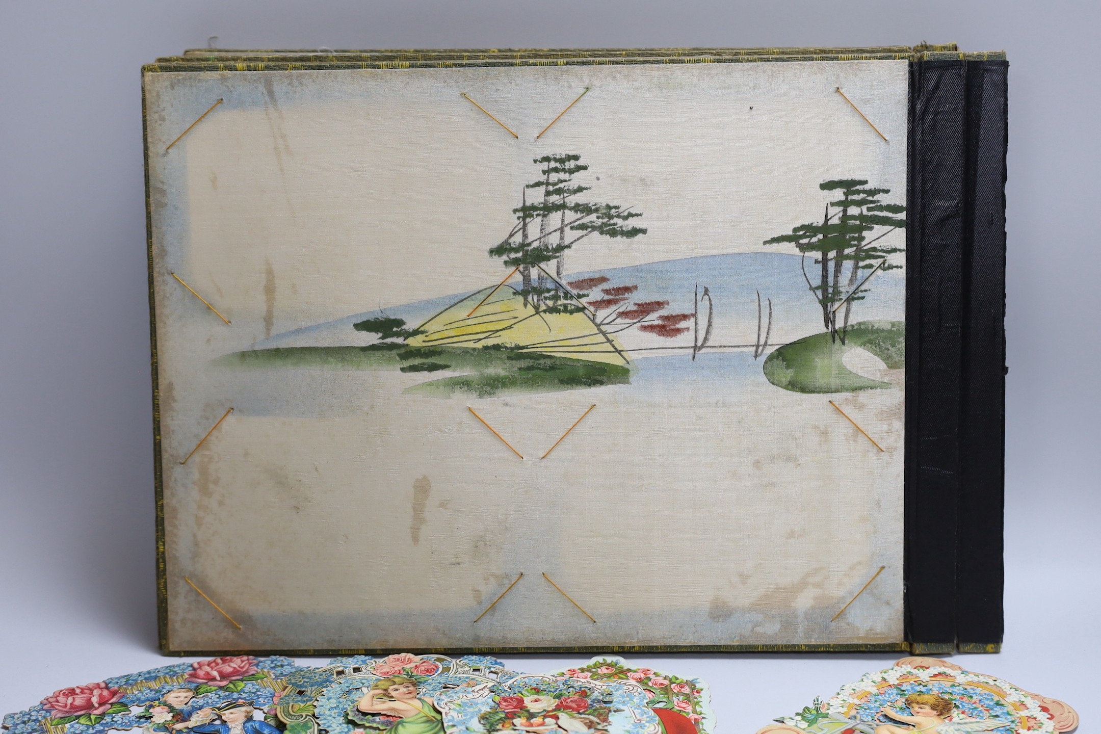 Five Victorian chromo-lithographic Valentine cards and a Japanese album of paintings - the latter a.f.